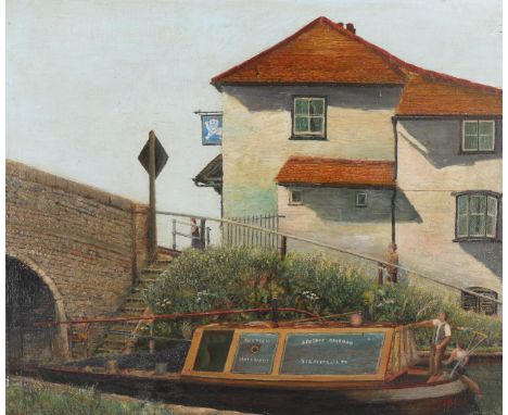 F Adams, oil on board, barge on a canal, signed, 18" x 22", unframedGood condition but would benefit from a light clean 