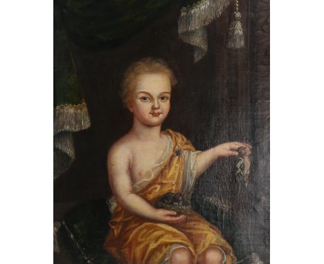 18th century oil on canvas, Classical study, child holding a bird's nest, unsigned, 29" x 24", framedCanvas has not been re-l