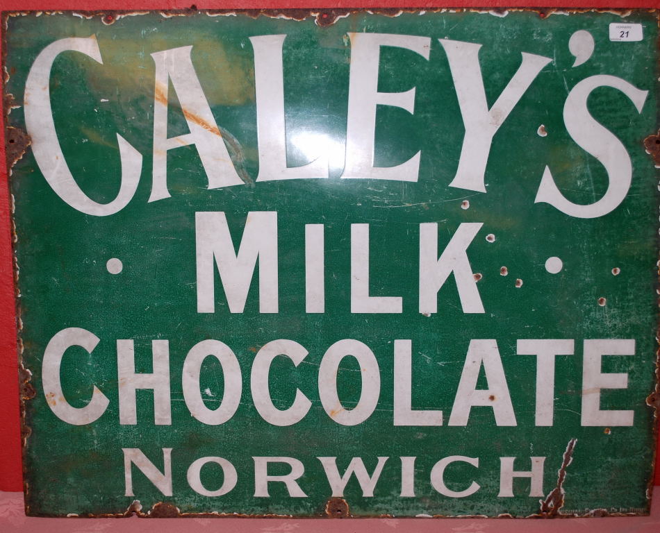 VINTAGE ENAMEL SIGN "CALEY MILK CHOCOLATE NORWICH" 61 X 76 CM APPROX