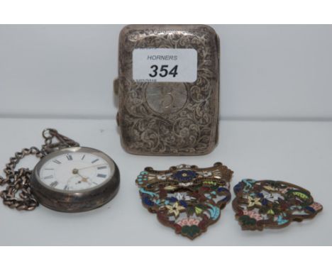 A SILVER POCKET WATCH ON SILVER CHAIN, A SILVER CIGARETTE CASE AND A FRENCH ENAMEL BUCKLE AF 