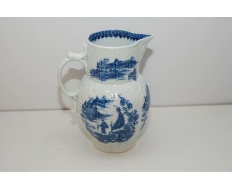 CAUGHLEY BLUE AND WHITE CABBAGE LEAF MASK JUG PRINTED WITH FISHERMAN PATTERN (19 CM ) 