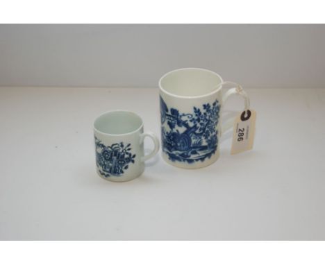 CAUGHLEY BLUE AND WHITE TANKARD DECORATED WITH PECKING PARROT PATTERN (9 CM ) ALONG WITH WORCESTER COFFEE CAN PRINTED WITH FE