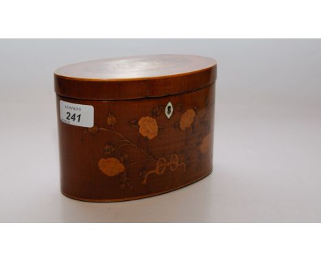 A GEORGE III OVAL PARTRIDGE WOOD TEA CADDY, PROFUSELY INLAID WITH FLOWERS 