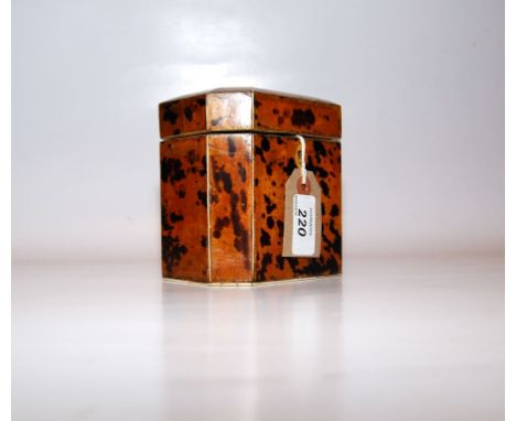 A GEORGE III TORTOISESHELL OCTAGONAL TEA CADDY WITH DOMED TOP, HEIGHT 12. 5 CM (REPAIRS) 