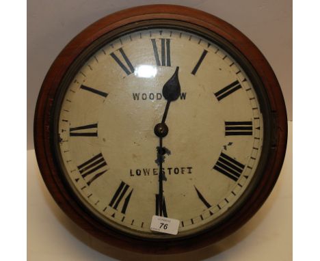 19TH CENTURY MAHOGANY WAITING ROOM CLOCK FUSSEE MOVEMENT, 11" WHITE ENAMEL DIAL INSCRIBED WOODROW LOWESTOFT (SOME DAMAGE AND 