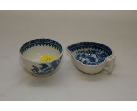 A CAUGHLEY BLUE AND WHITE MINIATURE BOWL AND SMALL LEAF BUTTER BOAT, FISHERMEN PATTERN 