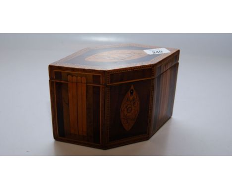 A GEORGE III TEA CADDY OF HEXAGONAL FORM WITH SHELL AND FLOWER INLAY 