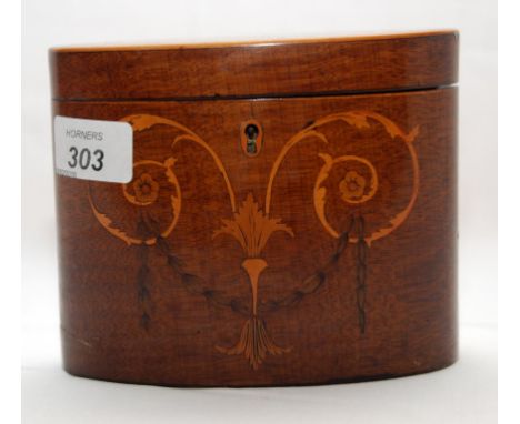 GEORGE III OVAL INLAID TEA CADDY THE FRONT INLAID WITH SCROLLED SWAGS AND BELL FLOWERS (14.5 CM ) 