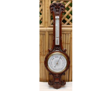 VICTORIAN MAHOGANY CASED ANEROID BAROMETER WITH ORNATE CARVED DETAIL 