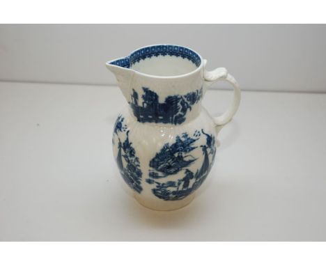CAUGHLEY BLUE AND WHITE CABBAGE LEAF MASKED JUG PRINTED WITH FISHERMAN PATTERN (18.5 CM ) 