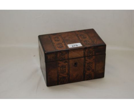 A VICTORIAN WALNUT INLAID TEA CADDY, LENGTH 18CM 