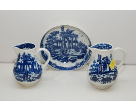 2 WORCESTER BLUE AND WHITE SPARROW BEAK JUGS AND SAUCER OF SIMILAR PATTERN ( ALL WITH DISGUISED NUMERAL MARKS) 