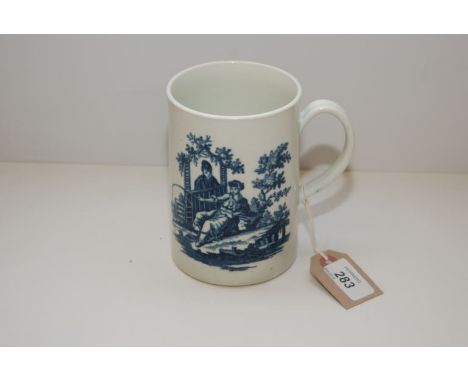 WORCESTER BLUE AND WHITE TANKARD , LA PECHE/LA PROMENADE CHINOISERIE PATTERN, 1770-85 14 CM 