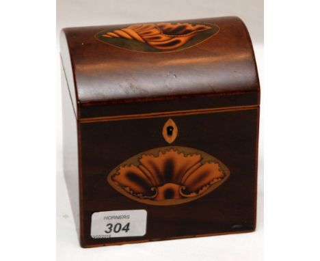 EARLY 19TH CENTURY MAHOGANY DOMED TOP SHELL INLAID CADDY (WIDTH 12 CM ) 