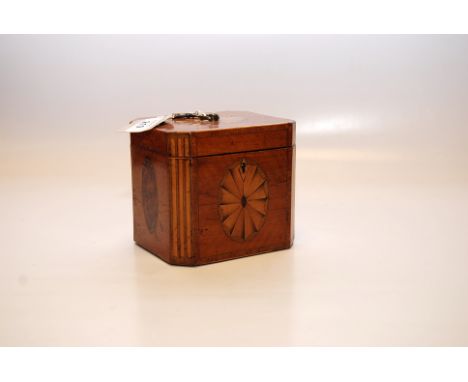 A GEORGE III SATINWOOD TEA CADDY OF RECTANGULAR CANTED FORM, THE TOP AND FRONT WITH FAN INLAY, HEIGHT 12 CM 