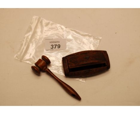 TREEN SNUFF BOX WITH SHIELD CARTOUCHE AND A MINIATURE WOODEN AUCTIONEERS GAVEL 