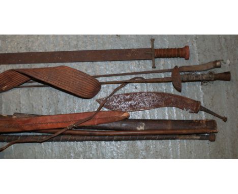 SPEAR AND TWO FOILS, LEATHER SCABBARD, KUKRI, KNIFE AND SWORD IN WOODEN SCABBARD (RUSTY)