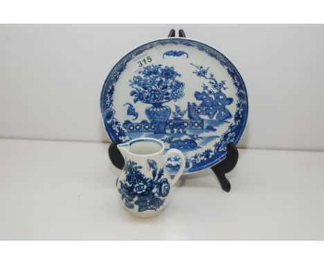WORCESTER BLUE AND WHITE SAUCER DISH (BAT PATTERN) ALONG WITH WORCESTER BLUE AND WHITE SPARROW BEAK CREAMER (17 CM AND 8 CM )