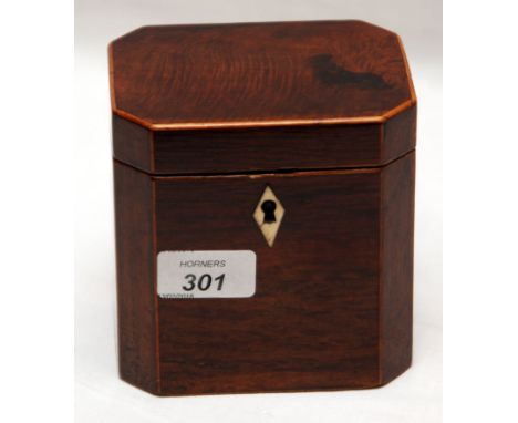 GEORGE III MAHOGANY AND PARTRIDGE WOOD CADDY OF RECTANGULAR CANTED FORM (WIDTH 12 CM ) 