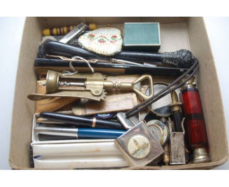 BOX OF COLLECTABLE'S TO INCLUDE BRASS CORKSCREW, RUBY GLASS DOUBLE ENDED SCENT BOTTLE, PENKNIVES, M.O.P. MAGNIFYING GLASS, VE