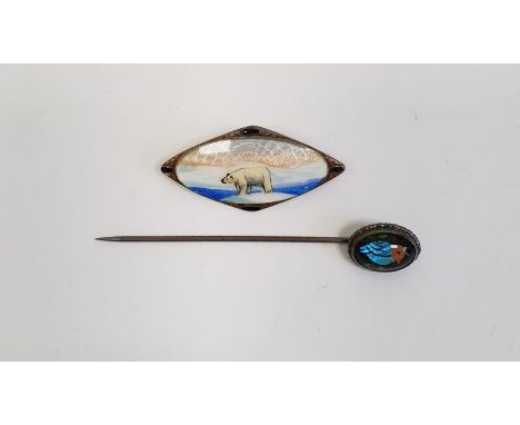 Continental silver and enamel brooch, elliptical-shaped, decorated with polar bear in sunset and silver-coloured metal butter