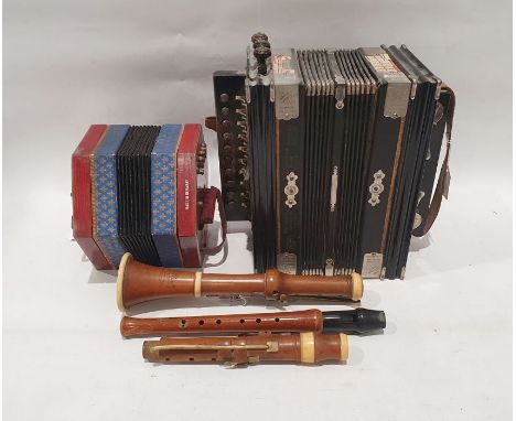 Two parts to a D'almaine clarinet, Posetti (German) recorder, 'The national Band' Saxony wooden accordion and a concertina