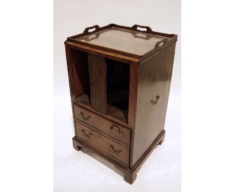 19th century mahogany commode with tray top above tambour front, pull-out commode drawer, on bracket feet