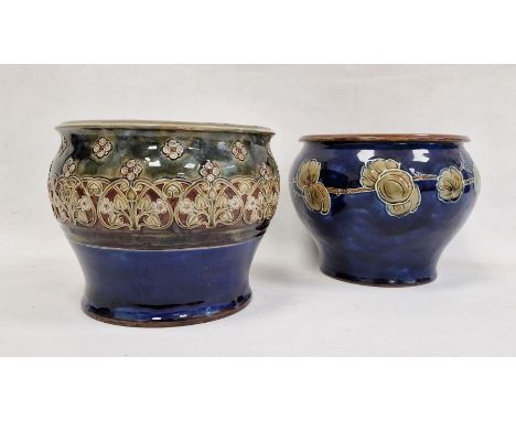Royal Doulton stoneware jardiniere, shouldered and slightly tapering body, foliate branch decorated to a blue ground, 18cm hi