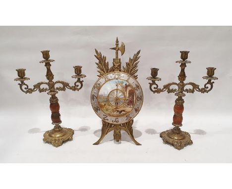 Pair of brass and treen three branch candelabra&nbsp;on circular base with scroll decoration,&nbsp;43cm tall, together with b