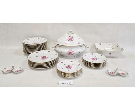 Herend porcelain dinner service&nbsp;mainly for six, all decorated with pink floral sprays, osier border, gilt serpentine edg
