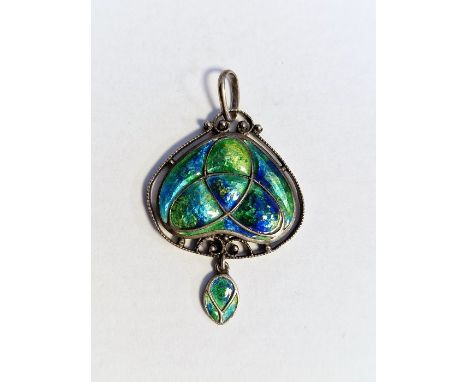Art Nouveau silver-coloured metal and enamel pendant, inverted heart-shaped with dropper, green turquoise and blue enamel dec