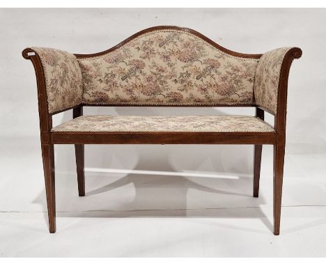 20th century mahogany and satinwood strung narrow sofa in foliate upholstery, on tapering supports