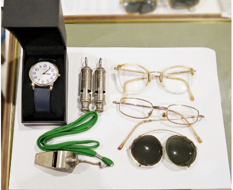 Box of vintage spectacles &nbsp;- as well as numerous glasses cases and whistles (1 box)