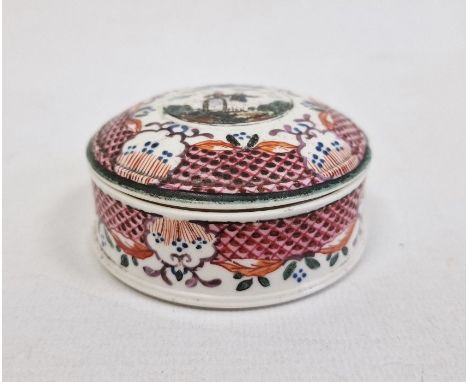 18th century porcelain patch/trinket box, circular, painted in circular panel to the lid, with Georgian lady and gentleman in