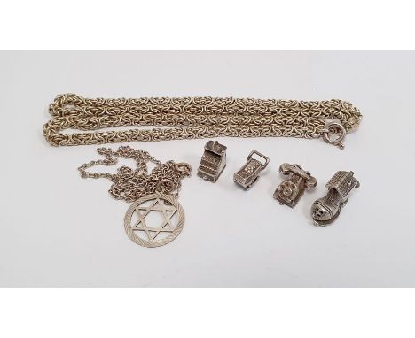 Silver multiple chain link necklace, another silver necklace with Star of David pendant and four silver charms Condition Repo