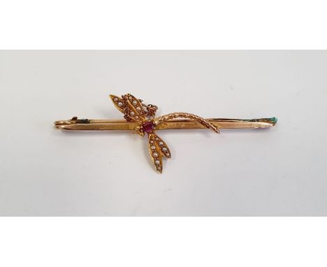 Gold-coloured metal dragonfly bar brooch set with seedpearls and oval cut ruby, unmarked 