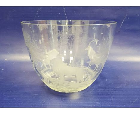 Rowland Ward clear glass Nairobi Safari bowl&nbsp;of circular tapering form decorated with etched antelope, water buffalo and