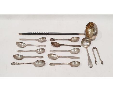 20th century silver toddy ladle with gilt washed interior, London 1978, by LGS and assorted silver teaspoons, sugar tongs, et