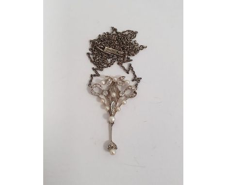 Edwardian/1920's cultured pearl and diamond filigree pendant, kite-shaped with openwork lozenge, tiny diamonds and pearls all