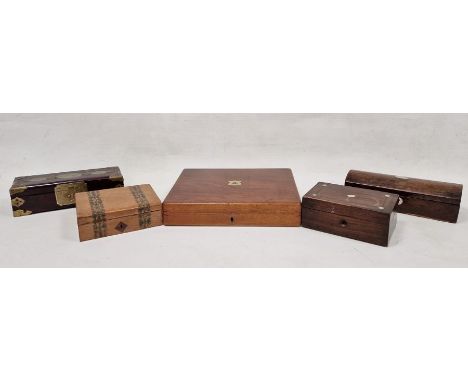 Collection of five wooden boxes,&nbsp;one with hinged lid, copper edge, detailed corners and jade coloured detailing to top, 
