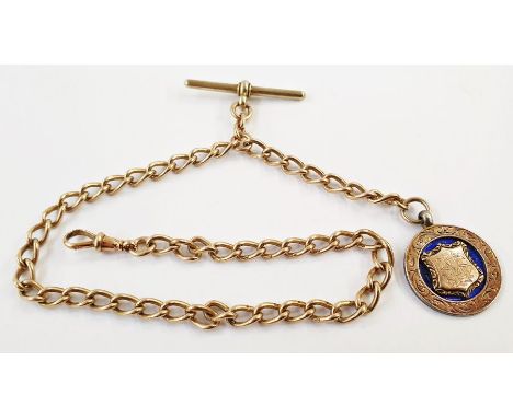 9ct rose gold curb-link albert chain with T-bar and enamelled silver billiard fob, the chain 28g approx.Condition ReportChain