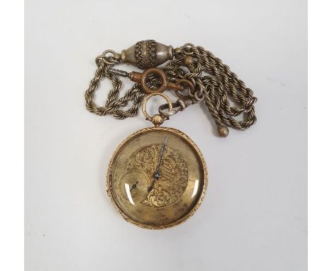 19th century gold-coloured metal and engraved fob watch, the engine-turned and scroll-engraved dial and the movement both eng