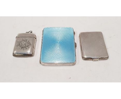 Silver and enamel cigarette case with gilt washed interior, a silver vesta case and one further silver case, 4.3ozt (3) toget