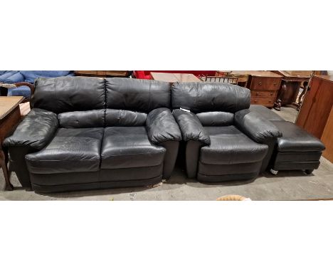 Modern black leather two-seater sofa, single armchair and two pouffes (4) 
