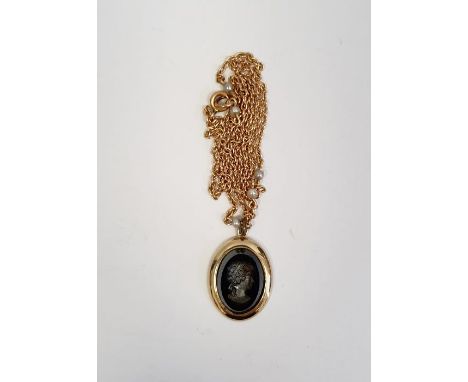 Gold-coloured metal and seedpearl chain&nbsp;with intaglio modern pendant, 4g approx., the chain with probable later clasp ma
