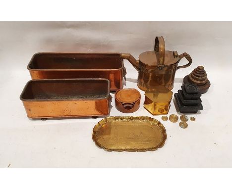 Two copper troughs&nbsp;with lion head knocker handles and claw feet and an assortment of weights,&nbsp;a gold-coloured octag