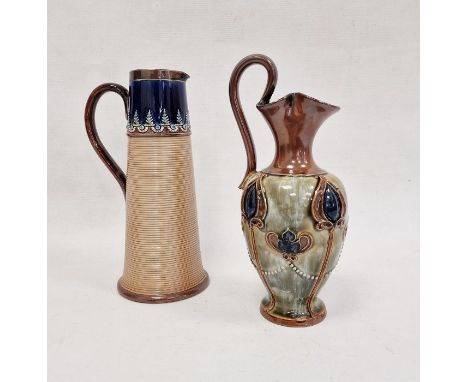 Doulton Lambeth stoneware jug, circular and tapered with stylised foliate jewelled border, 23cm high and another Royal Doulto