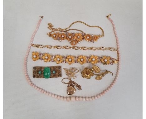 Vintage gilt metal faux-amethyst and pearl ornate floral necklace and matching bracelet consisting of pale pink hardstone bea