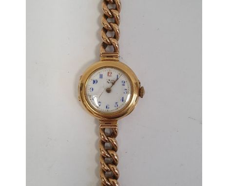 Lady's 18ct gold wristwatch with blue enamel Arabic numerals to the circular white dial, side button and the gold-coloured ch