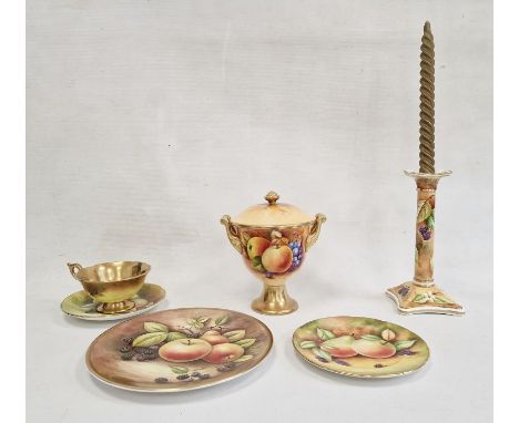Coalport fruit painted covered vase with gilt scroll handles, pedestal foot, 19cm high, Coalport fruit painted candlestick, C